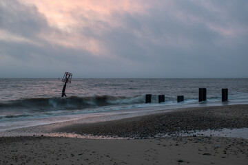 Sunrise over the sea at Gorleston-on-sea in Norfolk, UK. January 2022
