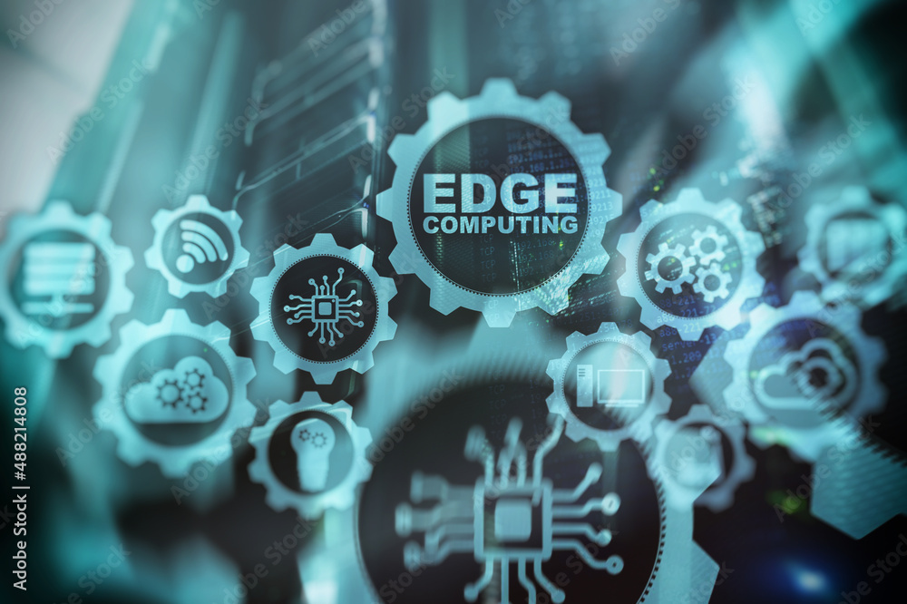 Aufkleber edge computing on modern server room background. information technology and business concept for res