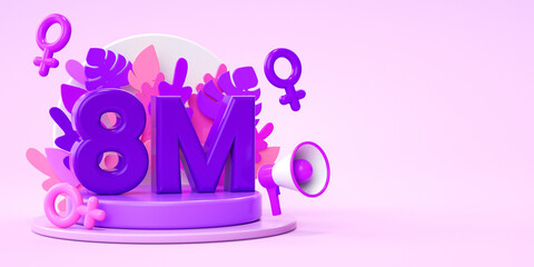 March 8 Women's Day platform with megaphone and floral ornaments for background design in 3D illustration. International feminism, independence, sisterhood, empowerment and activism for women rights