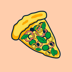 a slice of pizza with a side, cheese, olives, basil, red and yellow pepper