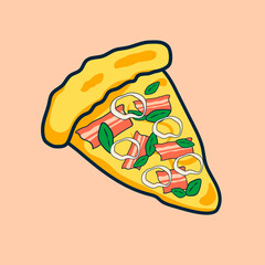 a slice of pizza with a side, cheese, onion, basil and bacon