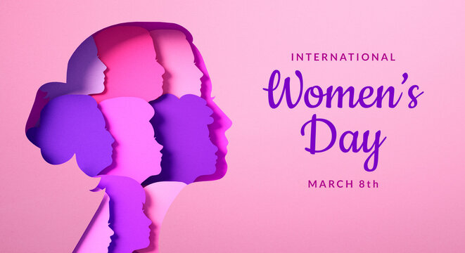 Women's Day poster with silhouettes of multicultural women's faces in paper cut and copy space, 3D illustration. Females for feminism, independence, sisterhood, empowerment, activism for women rights