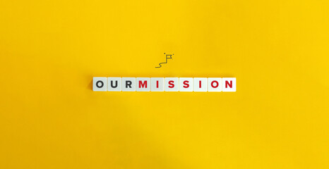 Our Mission Banner and Icon. Letter Tiles on Yellow Background. Minimal Aesthetics.