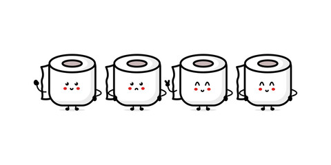 Cute funny happy poop and toilet paper friends. Vector hand drawn cartoon character illustration icon. Funny cartoon poop and toilet mascot character concept