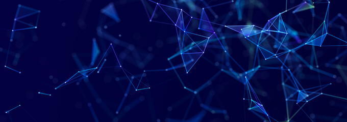 Structure of connected lines and dots. Wireframe polygonal elements on a dark background. Science and technology. 3d