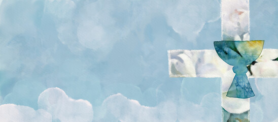 The first Holy Communion. Christian background, watercolor