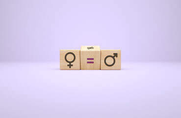 Feminism and equality concept between women and men with wooden cubes. International womens day - obrazy, fototapety, plakaty