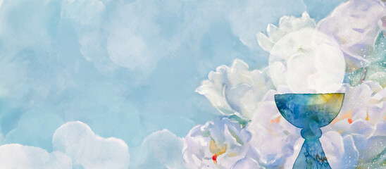 The first Holy Communion. Christian background, watercolor