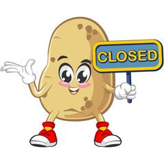 vector illustration of cute potato mascot showing a board that says closed