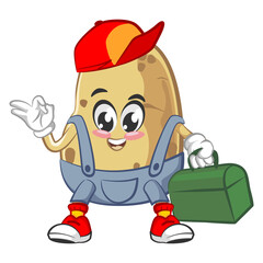 vector illustration of cute potato mascot of handyman carrying toolbox