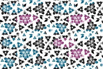 Floral seamless pattern on white background abstract silhouettes of flowers and leaves, vector illustration for design of wrapping paper, fabric, wallpaper.