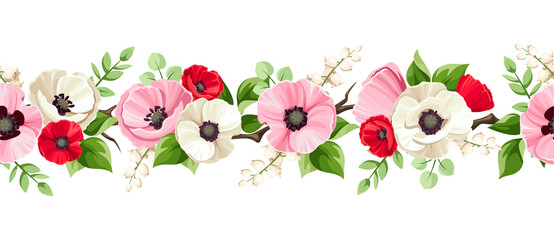 Horizontal seamless border with red, pink, and white poppy and lily of the valley flowers and green leaves. Vector illustration