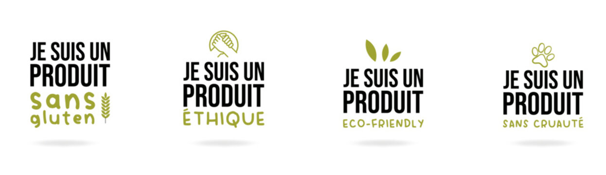 Logos produit sans gluten, &eacute;thique, eco-friendly et sans cruaut&eacute;
