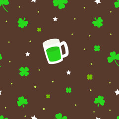 St. Patrick's day Seamless Pattern with Green-Tea Mug, Clover Leaf and stars in brown Color Background