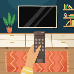 Vector illustration of a person switching channels with a TV remote. The interior of a living room with a TV, a chest and a potted plant.