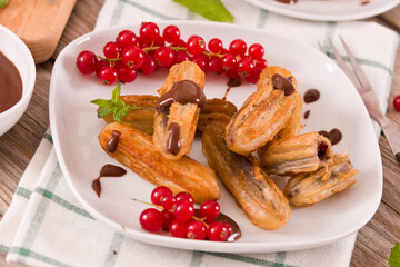 Mini churros with chocolate dipping sauce.