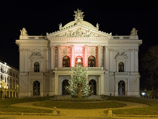Fototapeta premium Brno, Czech Republic. Mahenovo Divadlo in night - a theater named after the Czech novelist and playwright Jiri Mahen. The theater building was built in 1882. Text on the frieze reads: Mahen Theater.