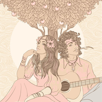 Couple of a hippy on a sunny afternoon, vector illustration