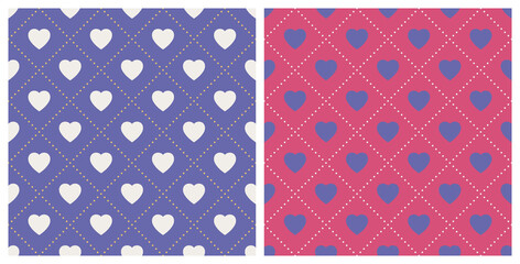 Seamless background pattern heart shape and dotted rhombus. Color trendy 2022 very peri. Design texture elements for fabric, tile, banner, card, cover, poster, backdrop, wall. Vector illustration.