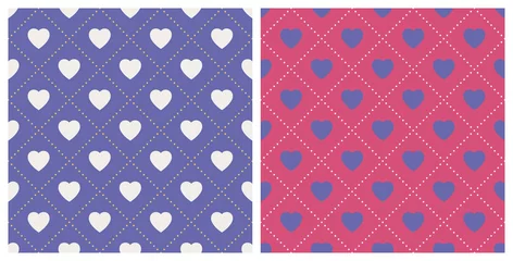 Papier Peint photo Pantone 2022 very peri Seamless background pattern heart shape and dotted rhombus. Color trendy 2022 very peri. Design texture elements for fabric, tile, banner, card, cover, poster, backdrop, wall. Vector illustration.