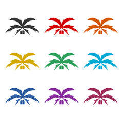 Fototapeta na wymiar Roof from palm tree leaves icon or logo, color set