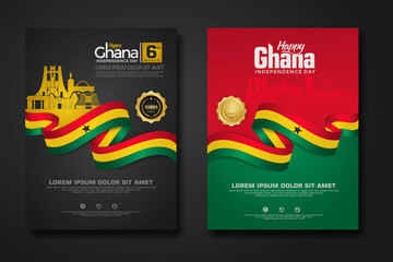 Set poster design Republic Ghana happy independence Day background template - obrazy, fototapety, plakaty