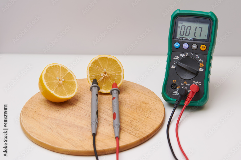 Wall mural electricity from lemon battery. testing lemon battery