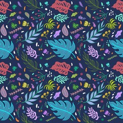 Colorful tropical rainforest. Seamless pattern with abstract flowers leaves and other plants. Aloha textile collection. On dark blue background.