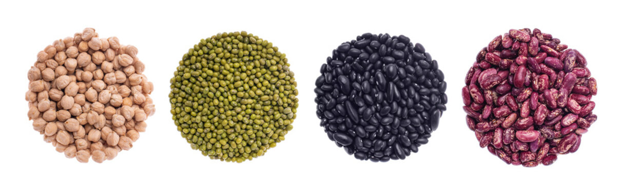 different types of beans on a white isolated background
