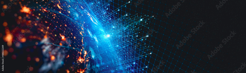 Poster Communication technology for internet business. Global world network and telecommunication on earth cryptocurrency and blockchain and IoT. Elements of this image furnished by NASA