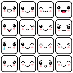 Manga style eyes and mouths. Emotional square faces isolated on white