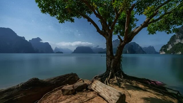 4K Time lapse of milky way and sunrise over Khao sok national park, Surat thani, Thailand