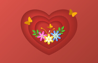 On a red background is a paper heart, inside of which there are flowers and butterflies. Paper graphics.