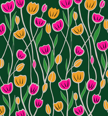 Seamless vector background. Creative flower set collection with colorful tulip flowers, hand drawn style leaves on green background. Perfect spring and summer template for fashion design, textiles. 