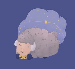 Zodiac for children with cute animals. Sheep sleeping and dreaming with a star map. The constellation of Aries. Bunny cartoon illustration in pastel colors. Nursery poster. 