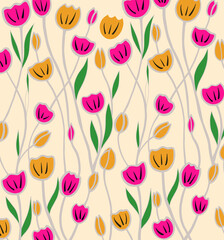 Seamless vector background. Creative collection of flower set with colorful tulip flowers, leaves in hand drawn style. Perfect spring and summer template for fashion design, textiles. 