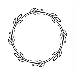 Vector hand drawn spring wreath isolated on white background. Outline circle of leaves. Doodle style. Floral frame.