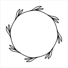 Vector hand drawn spring wreath isolated on white background. Outline circle of leaves. Doodle style. Floral frame.