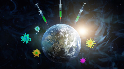Obraz na płótnie Canvas Medical syringe with a needle vaccinated the planet Earth. 3D rendering. Elements of this image furnished by NASA.