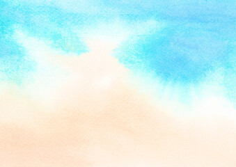 Watercolor painting blue ocean wave on sandy beach background.  Abstract blue sea and beach summer background for banner, invitation, poster or web site design, imitation, space for text.