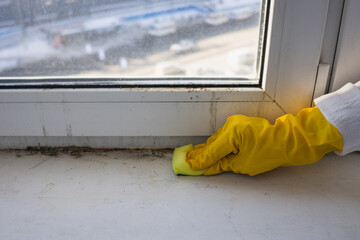 Cleaning the plastic window sill from mold and dirt. A woman in rubber gloves wipes the windowsill...