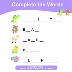 What letters are missing? Complete the words. Animals Theme Names Worksheet. Educational activity for preschool kids. Preschool Education. Vector illustration.