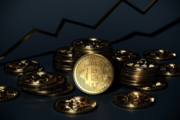 Bitcoin coins, BTC, crypto market, financial exchange, cryptocurrency growth 3d rendering