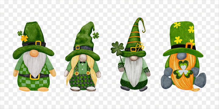 Set leprechaun with four leaves clovers on transparent background, Cute elements for St Patrick day greeting card,Gnomes with Shamrock,Vector Watercolour green Scandinavian Dwarfs collection in Celtic