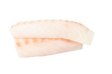 Raw cod fish fillet. Two fresh pieces isolated on white background.