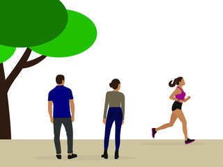 Obraz premium Male character and female character looking at running female character outdoors