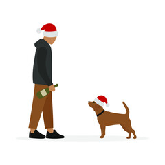 Male character with a bottle of champagne in his hand and a dog in New Year's hats together on a white background