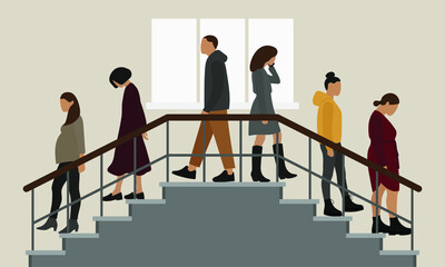 Six characters go down the stairs in different directions against the background of a wall with a window