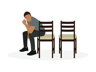 Fototapeta premium A male character sits on one of two chairs on a white background