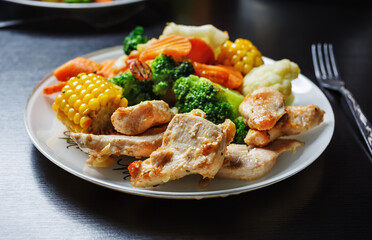 Roasted chicken breast and grilled vegetables. Selective focus.